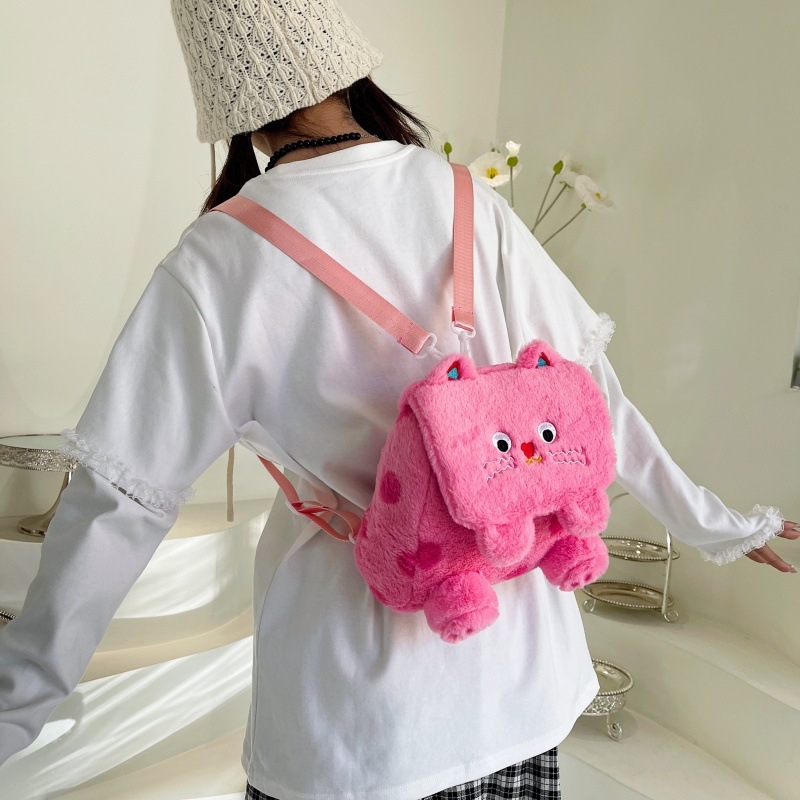 Ženska pliš torba s japanskim stilom i izvezenim motivom mačke, točkasti uzorak, crossbody ili torba na ramenu, podstava od poliestera, zatvaranje s poklopcem, svjež i sladak stil