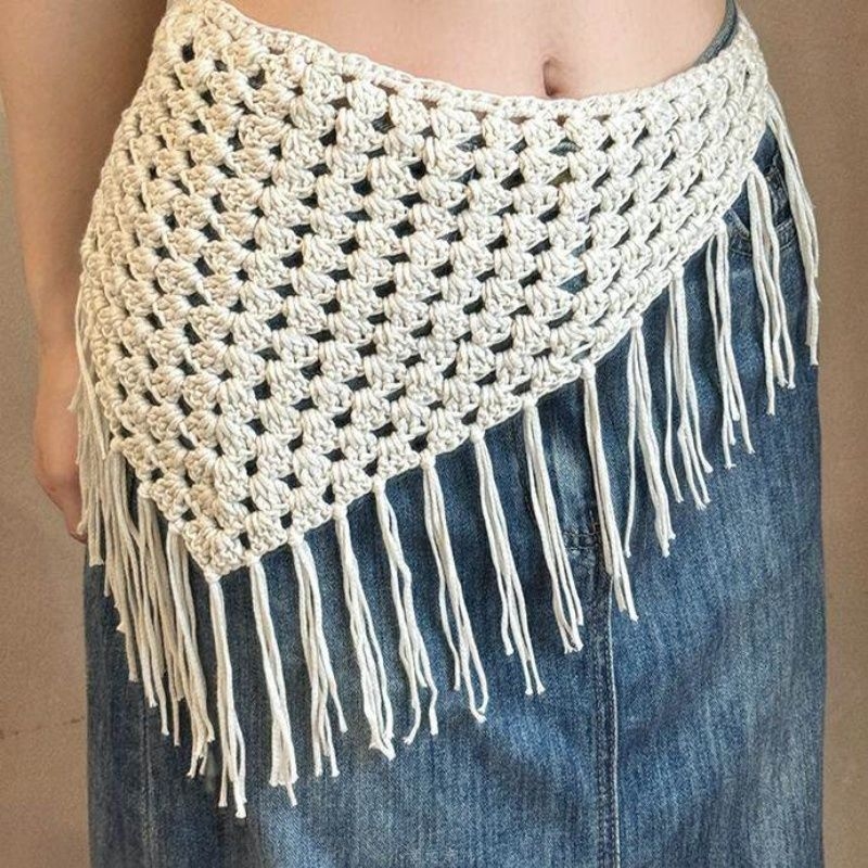 Boho bijeli tkaninski trokutasti šal-pojas za žene, vintage ukrasni šal za struk, hip wrap, marama za glavu, dodatak za struk