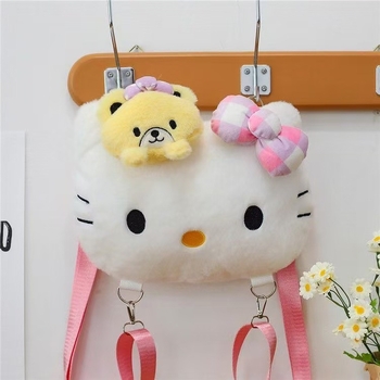 Bowknot plush γατάκι τσάντα με λουρί ώμου — κοντό βελούδινο ύφασμα, γατούλα θεματική, για ηλικίες 7–14 ετών, μοντέλο M-4113