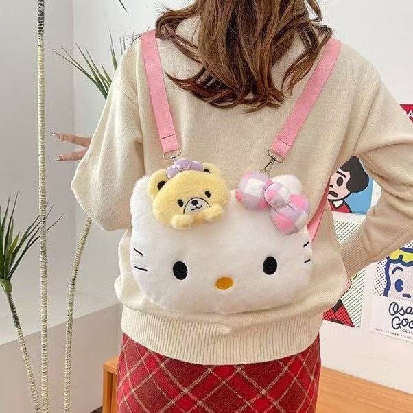 Bowknot plush γατάκι τσάντα με λουρί ώμου — κοντό βελούδινο ύφασμα, γατούλα θεματική, για ηλικίες 7–14 ετών, μοντέλο M-4113