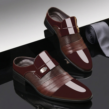 Férfi casual üzleti cipő hegyes orrú, felső része szintetikus bőr, talpa gumi, slip-on záródás