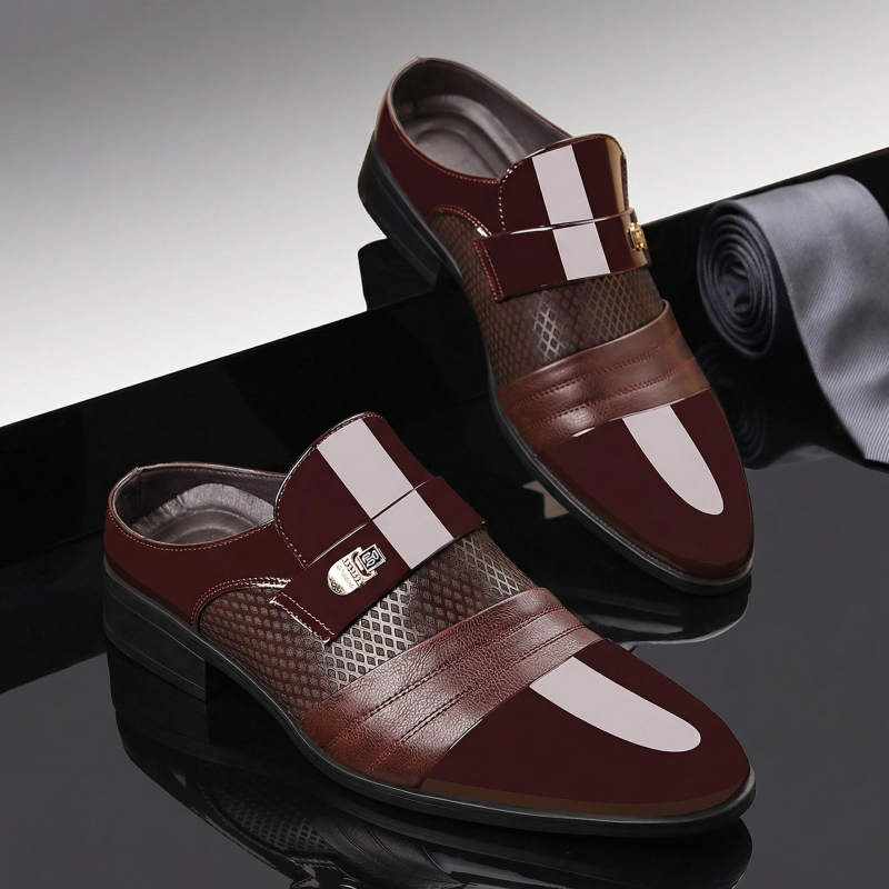 Férfi casual üzleti cipő hegyes orrú, felső része szintetikus bőr, talpa gumi, slip-on záródás