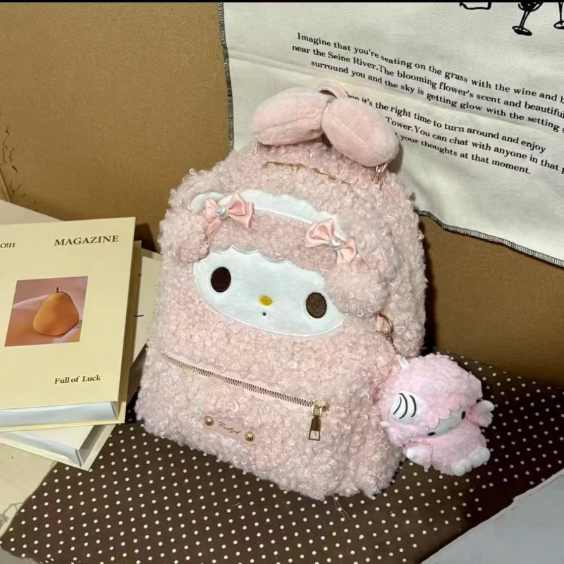 Gyerekeknek szánt hátizsák plüss bársony anyaggal és macska motívummal, rajzfilmszerű stílus, két vállpánt, nagy kapacitás (anyag: bársony; bélés: poliészter; nyitás: cipzár; belső cipzáras zseb)