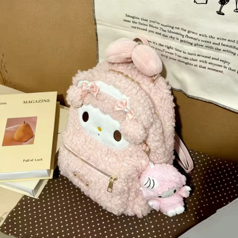 Gyerekeknek szánt hátizsák plüss bársony anyaggal és macska motívummal, rajzfilmszerű stílus, két vállpánt, nagy kapacitás (anyag: bársony; bélés: poliészter; nyitás: cipzár; belső cipzáras zseb)