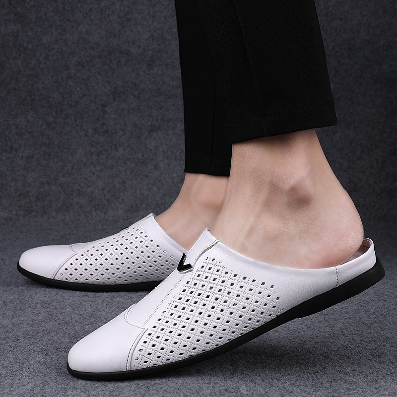 Muške papuče od kože s zatvorenim prstima i otvorenim petama, casual slip-on, gumena potplat