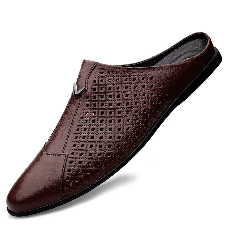 Muške papuče od kože s zatvorenim prstima i otvorenim petama, casual slip-on, gumena potplat