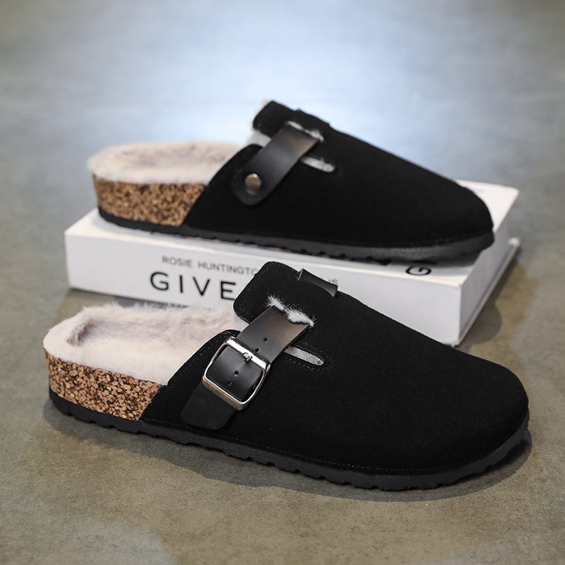 Birkenstock-stil slip-on papuče s zatvorenim prstom, pliš podstava i debela potplat (gornji dio: teleći nubuk, potplat: TPR)
