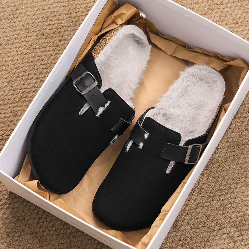 Birkenstock-stil slip-on papuče s zatvorenim prstom, pliš podstava i debela potplat (gornji dio: teleći nubuk, potplat: TPR)