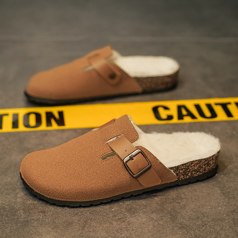 Birkenstock-stil slip-on papuče s zatvorenim prstom, pliš podstava i debela potplat (gornji dio: teleći nubuk, potplat: TPR)