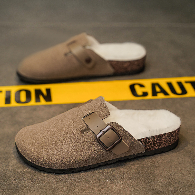 Birkenstock-stil slip-on papuče s zatvorenim prstom, pliš podstava i debela potplat (gornji dio: teleći nubuk, potplat: TPR)