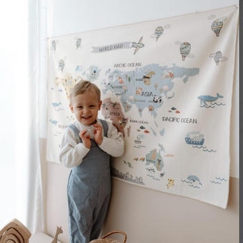 Nordikus stílusú pamut faliszőnyeg gyerekeknek - állatos térkép mintával, téglalap alakú, gépi szövés