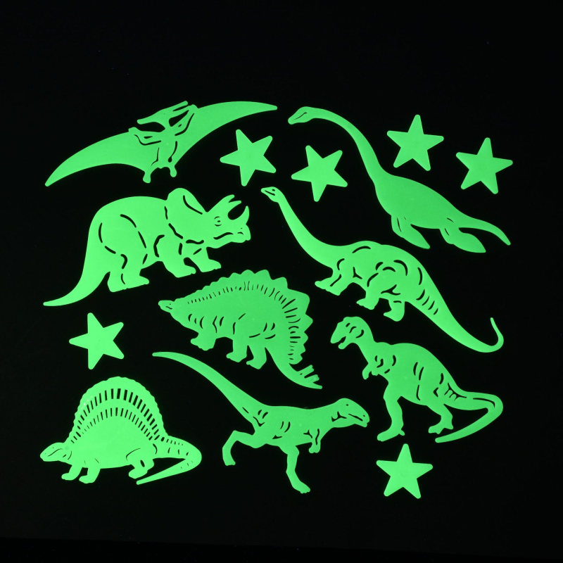Сет светещи в тъмното пластмасови стенни стикери с динозавър и тиква — плосък дизайн, карикатурен стил, повече от 5 бр.