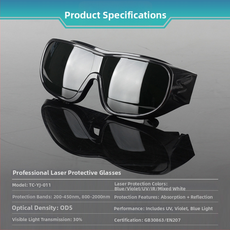 Zaštitne naočale za lasersku i svjetlosnu radiaciju, okvir PC, raspon 200–2000 nm, propusnost svjetla 10–45%, standardi GB30863/EN207