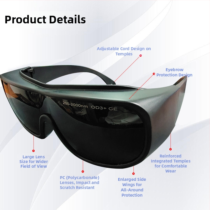 Zaštitne naočale za lasersku i svjetlosnu radiaciju, okvir PC, raspon 200–2000 nm, propusnost svjetla 10–45%, standardi GB30863/EN207