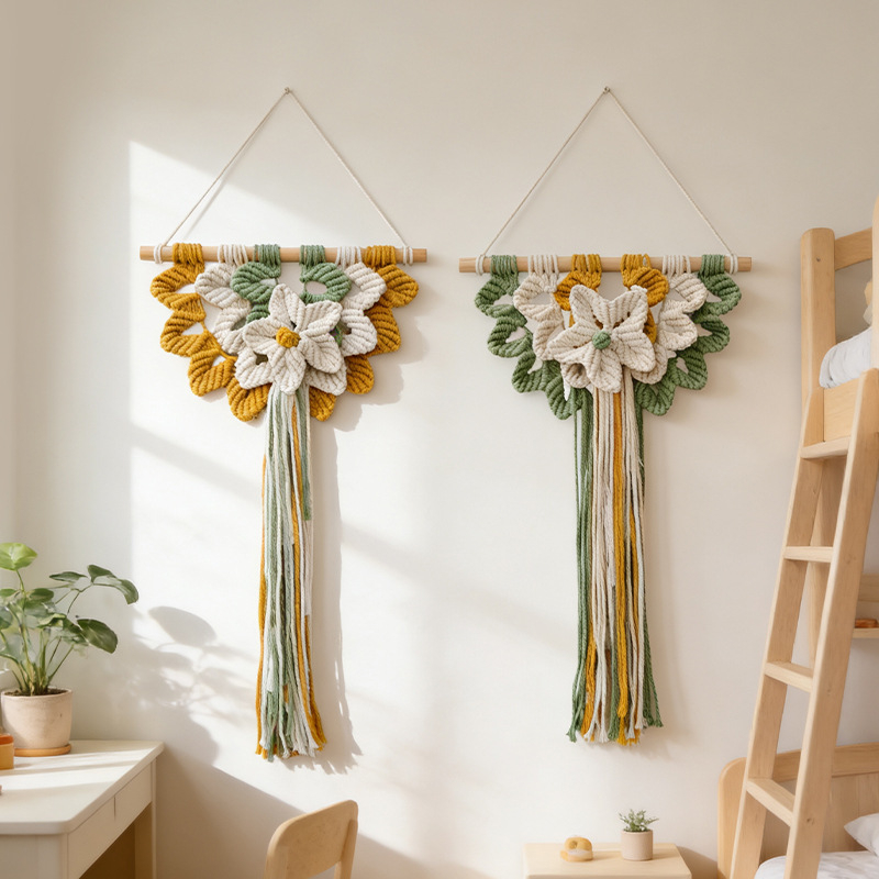 Ručni pleteni goblen od pamuka, boho stil, pravokutni oblik, uzorak cvijeće/trava/listovi