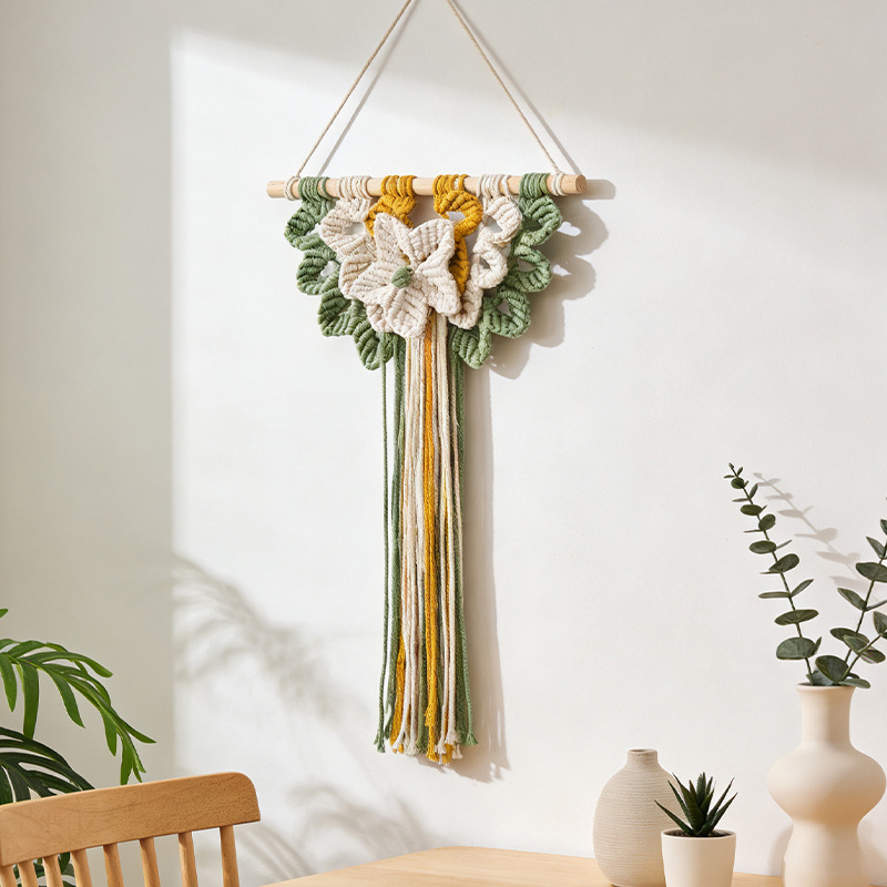 Ručni pleteni goblen od pamuka, boho stil, pravokutni oblik, uzorak cvijeće/trava/listovi