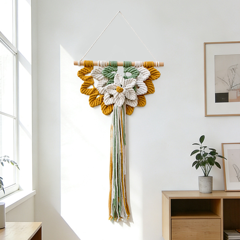 Ručni pleteni goblen od pamuka, boho stil, pravokutni oblik, uzorak cvijeće/trava/listovi