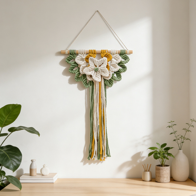 Ručni pleteni goblen od pamuka, boho stil, pravokutni oblik, uzorak cvijeće/trava/listovi