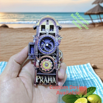 Magnet za hladnjak – Praški sat s okretanjem zupčanika, plastika i smola, putni suvenir, retro jedinstven dizajn