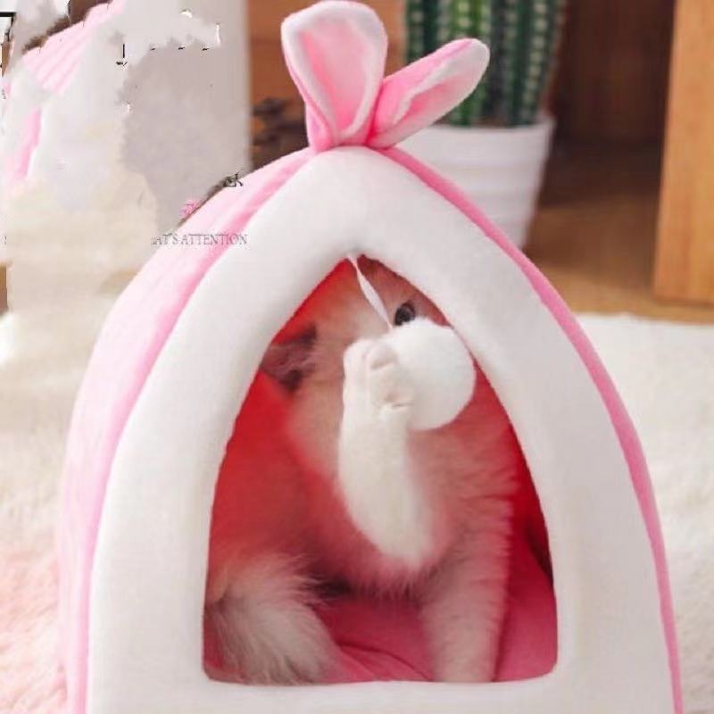 Φωλιά κατοικίδιων - τρίγωνο με σχέδιο αυτιών λαγού για σκύλους, από ύφασμα, ημι-κλειστή, ζεστή το φθινόπωρο και τον χειμώνα