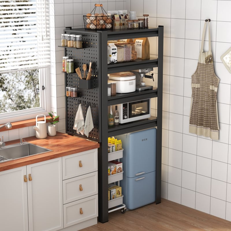 Kovový kuchynský regál, viacposchodový, 3–7 úrovní, moderný minimalistický štýl, značka Sanwei, model Kitchen shelves