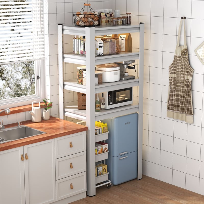 Kovový kuchynský regál, viacposchodový, 3–7 úrovní, moderný minimalistický štýl, značka Sanwei, model Kitchen shelves