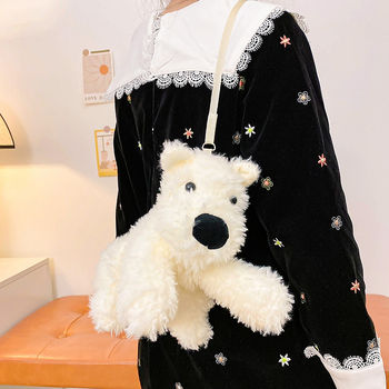 Τσάντα crossbody με λούτρινο σκύλο: κοντό plush, γέμισμα PP βαμβάκι, πολυεστερικό ύφασμα, δυνατότητα παραμετροποίησης