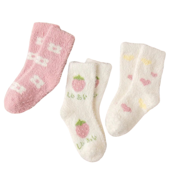 Dječje zimske čarape s Strawberry Mink Fleece — Akril, debeli, crtani uzorak, za djecu 3–8 godina