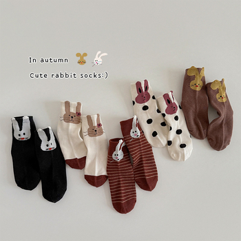 Șosete pentru copii până la gamba medie, cu model iepuraș cartoon, 75% bumbac, tricot jacquard respirabil, toamnă-iarnă, pentru copii 3-8 ani