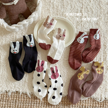 Șosete pentru copii până la gamba medie, cu model iepuraș cartoon, 75% bumbac, tricot jacquard respirabil, toamnă-iarnă, pentru copii 3-8 ani