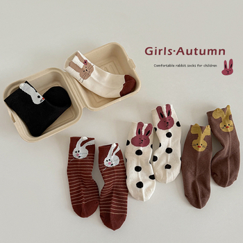 Șosete pentru copii până la gamba medie, cu model iepuraș cartoon, 75% bumbac, tricot jacquard respirabil, toamnă-iarnă, pentru copii 3-8 ani
