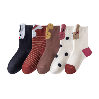 Șosete pentru copii până la gamba medie, cu model iepuraș cartoon, 75% bumbac, tricot jacquard respirabil, toamnă-iarnă, pentru copii 3-8 ani