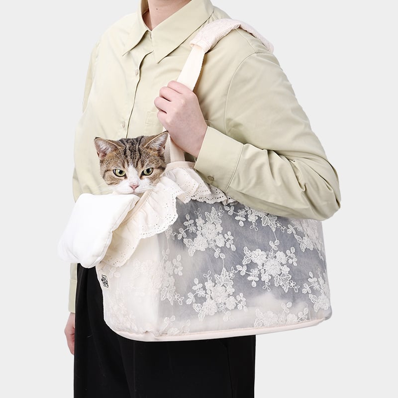 Torba za kućne ljubimce Queen Meow s prozračnom mrežom i čipkom, nosiva preko ramena s otvorenim vrhom, poliester, kapacitet 6 kg