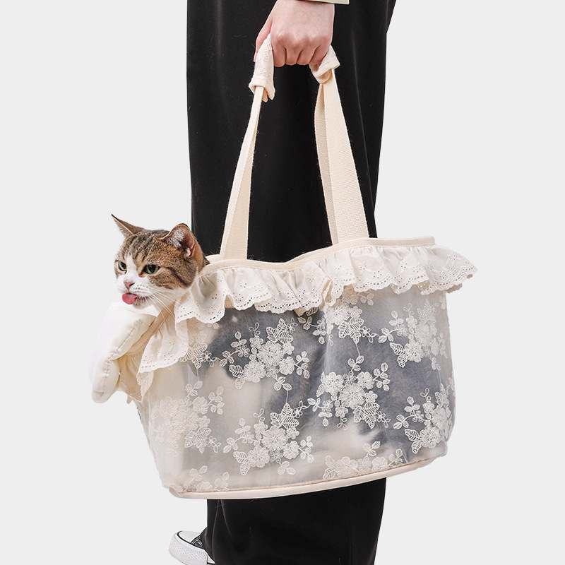 Torba za kućne ljubimce Queen Meow s prozračnom mrežom i čipkom, nosiva preko ramena s otvorenim vrhom, poliester, kapacitet 6 kg