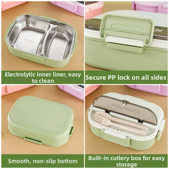 Κουτί φαγητού από ανοξείδωτο ατσάλι με διαμερίσματα, μονωμένο, κατάλληλο για φούρνο μικροκυμάτων, 800–1000 ml