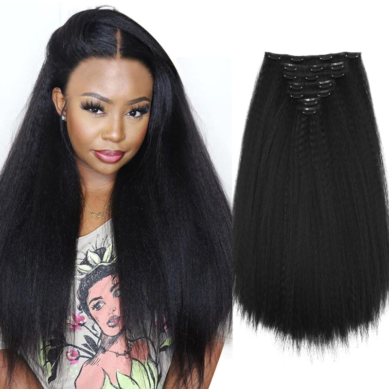 Perika Yaki Kinky Straight, 7-dijelni set Card Hair, vlakno otporno na visoke temperature, može se bojiti