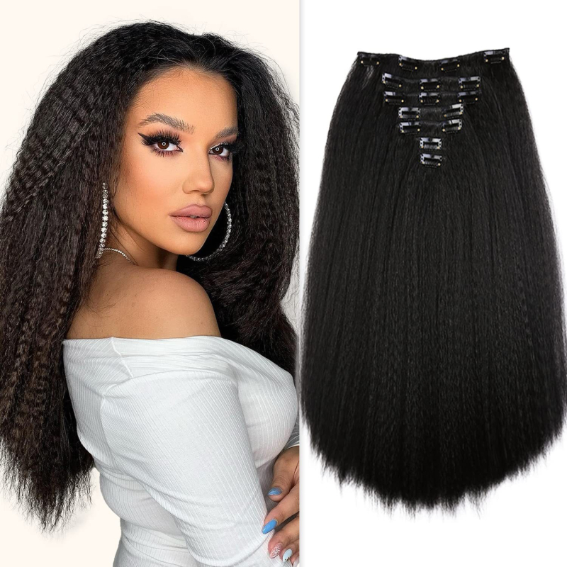 Perika Yaki Kinky Straight, 7-dijelni set Card Hair, vlakno otporno na visoke temperature, može se bojiti