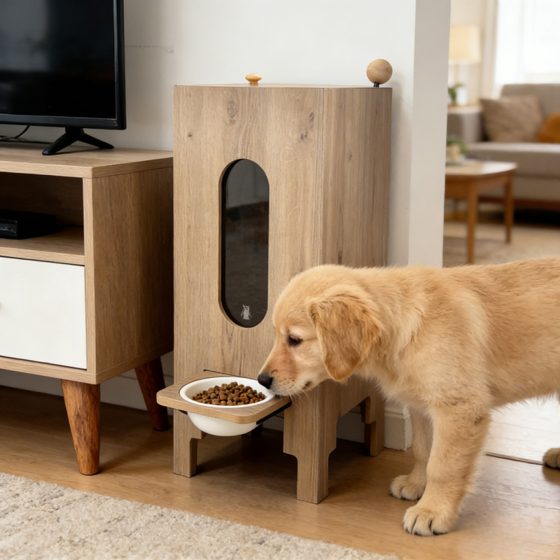 Drvena hranilica za kućne ljubimce i spremnik za skladištenje hrane za mačke i pse — Veliki kapacitet; Brand: Food pets; Materijal: Drvo; Privatna marka: Da; Uvoz: Ne