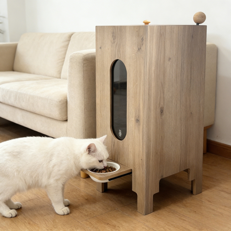 Drvena hranilica za kućne ljubimce i spremnik za skladištenje hrane za mačke i pse — Veliki kapacitet; Brand: Food pets; Materijal: Drvo; Privatna marka: Da; Uvoz: Ne
