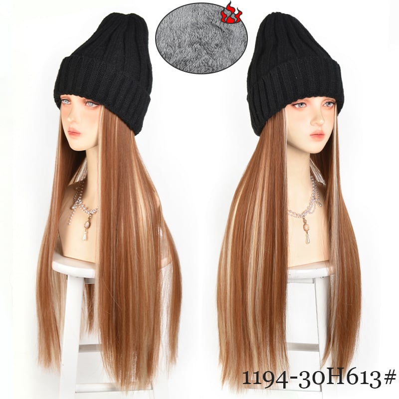 Jednodijelna pletena beret-perika s dugom ravnom kosom i bočnim kosim šiškama, visokotemperaturna žica, mehanička obrada, model dm324