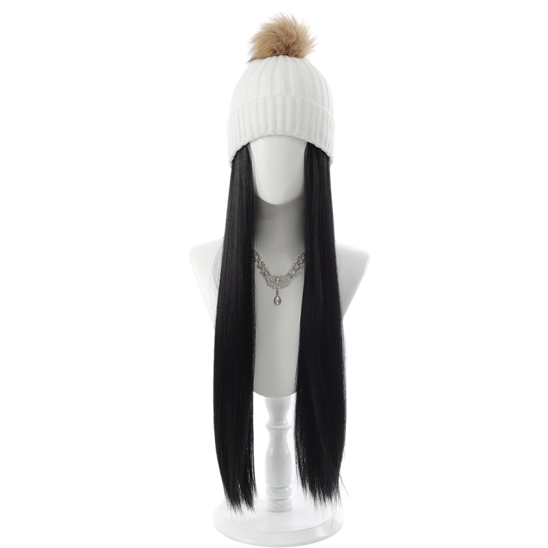 Jednodijelna pletena beret-perika s dugom ravnom kosom i bočnim kosim šiškama, visokotemperaturna žica, mehanička obrada, model dm324