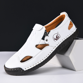 Sandale din piele microfibră, talpă din cauciuc, fermoar lateral, respirante, anti-alunecare