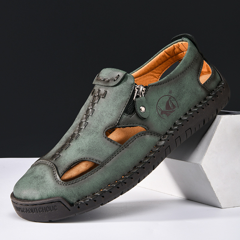 Sandale din piele microfibră, talpă din cauciuc, fermoar lateral, respirante, anti-alunecare