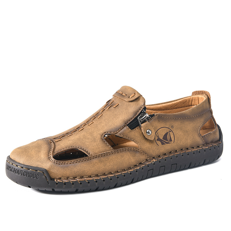 Sandale din piele microfibră, talpă din cauciuc, fermoar lateral, respirante, anti-alunecare