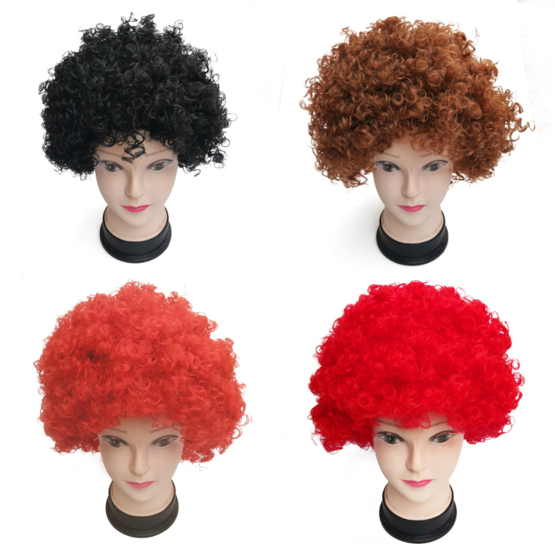 Περούκα κλόουν με κοντό σγουρό μαλλί σε καρτούν στυλ, με ίσια ή κεκλιμένη φράντζα, ίνες K Silk/P Silk, για οπαδούς ποδοσφαίρου και εορταστικά πάρτι