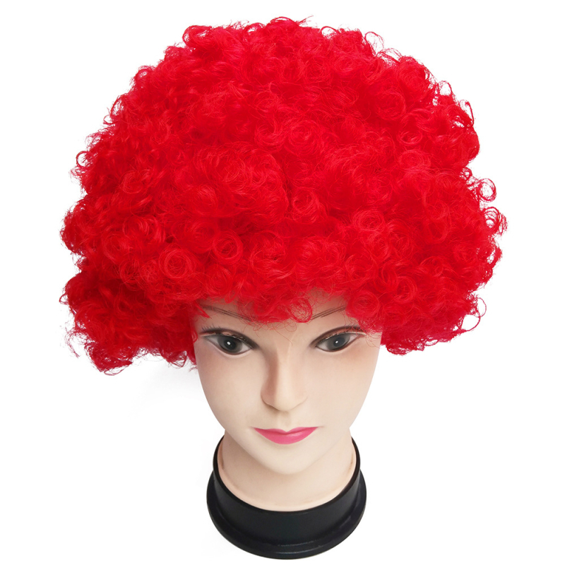 Περούκα κλόουν με κοντό σγουρό μαλλί σε καρτούν στυλ, με ίσια ή κεκλιμένη φράντζα, ίνες K Silk/P Silk, για οπαδούς ποδοσφαίρου και εορταστικά πάρτι