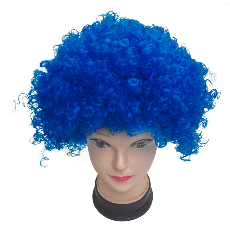 Περούκα κλόουν με κοντό σγουρό μαλλί σε καρτούν στυλ, με ίσια ή κεκλιμένη φράντζα, ίνες K Silk/P Silk, για οπαδούς ποδοσφαίρου και εορταστικά πάρτι