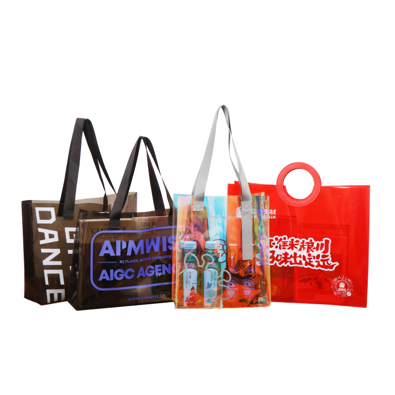 Geantă de ambalare din PVC cu laser, geantă de cumpărături transparentă cu logo - grosime cu două straturi personalizată; producție zilnică 5000; marcă Flying printing; scop: ambalaj universal