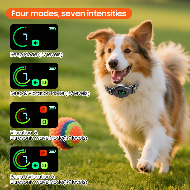 Guler ultrasonic cu ecran color anti-lătrat pentru câini, antrenor automat cu recunoaștere precisă, poliester, pentru câini, furnizare exclusivă pentru export transfrontalier