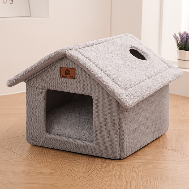 Cuib pentru pisici cu design semiînchis, detașabil și lavabil, utilizare în interior, căldură de iarnă/toamnă, material textil